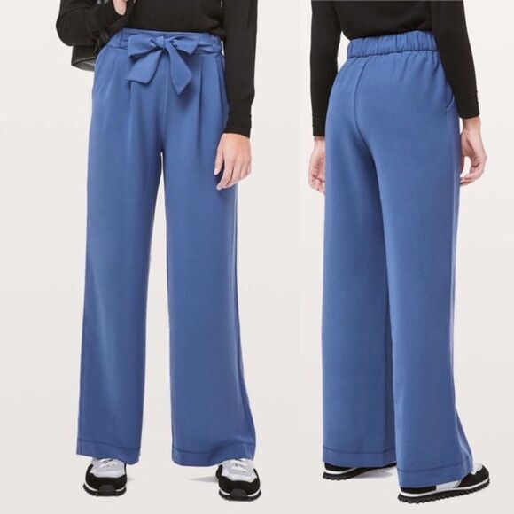 Lululemon Noir Tie Waist Wide Leg High Rise Office Travel Pants in Blue Size 8 - Picture 1 of 9
